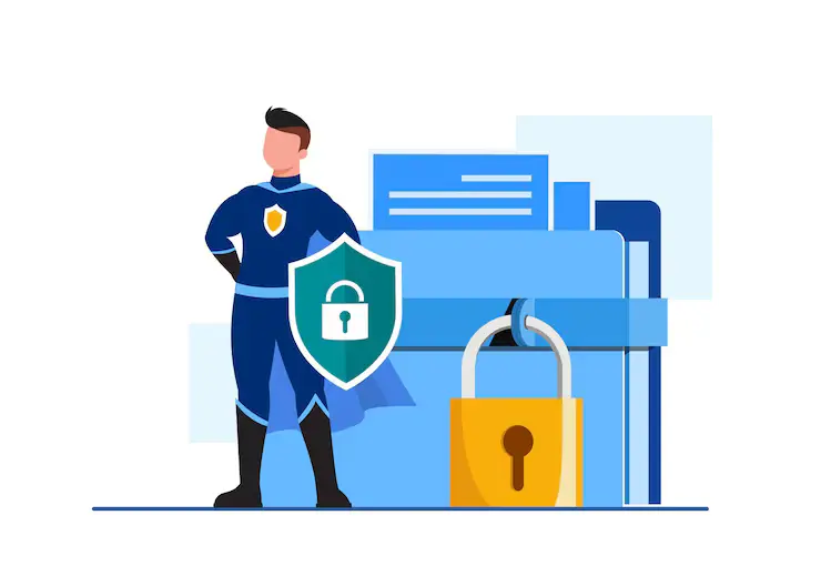 Illustration of a shield and a locked padlock guarding a stack of files, representing on-device data privacy