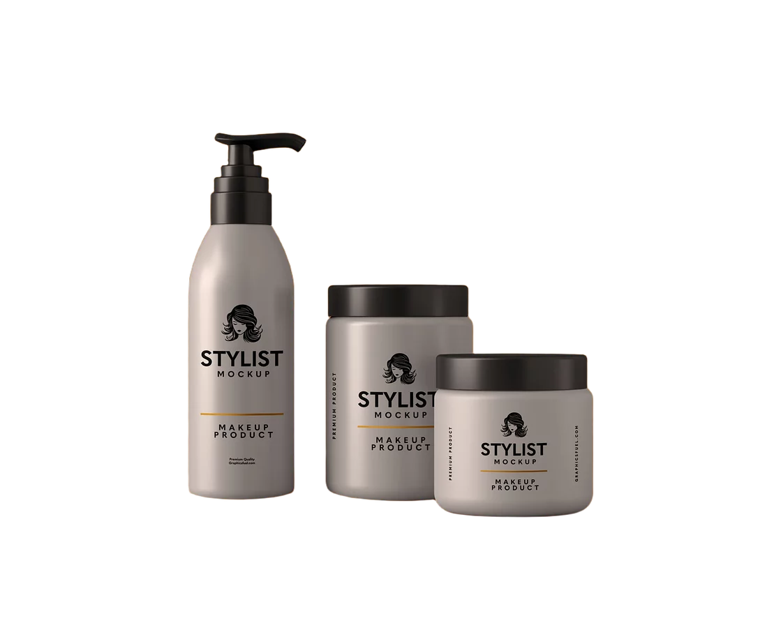 The same cosmetic bottles after background removal, with glossy highlights kept and the background transparent