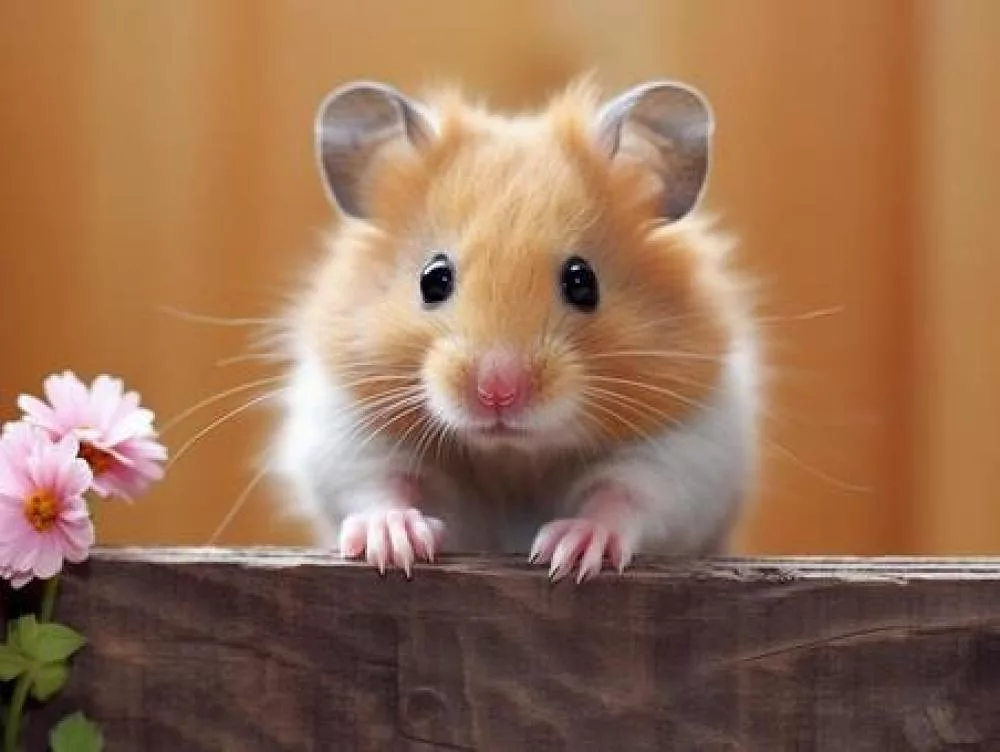 The same hamster before the background was made transparent, leaning over a wooden plank beside pink flowers