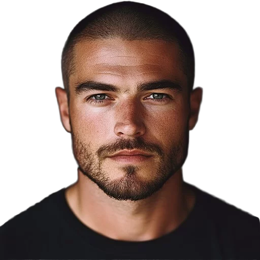 The same photo after background removal, the man cut out against transparency